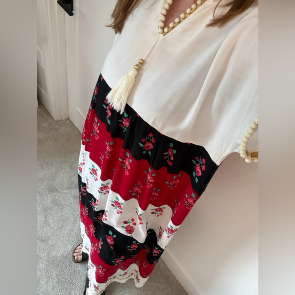 Boho Maxi Dress XXL 100% Rayon Floral Stripe Tassel Flowy Resort Cottagecore